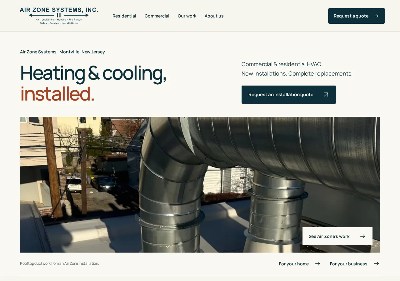 Air Zone Systems homepage on a desktop screen, with the headline Heating and cooling, installed, and a rooftop ductwork photo